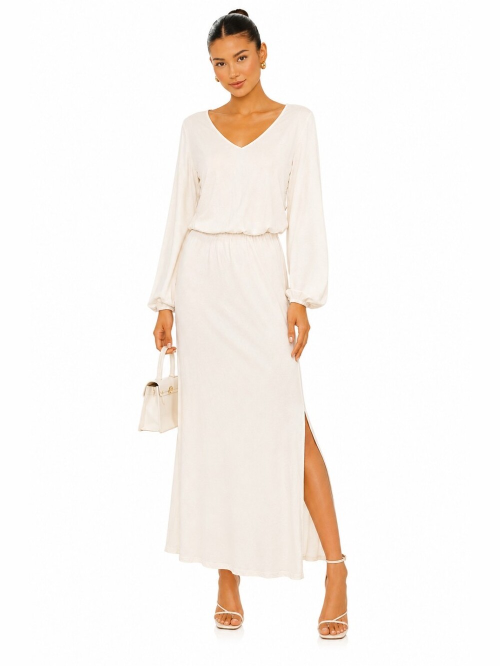 DREW Ivory long-sleeve V-neck elastic-waist full-body dress Sz XS